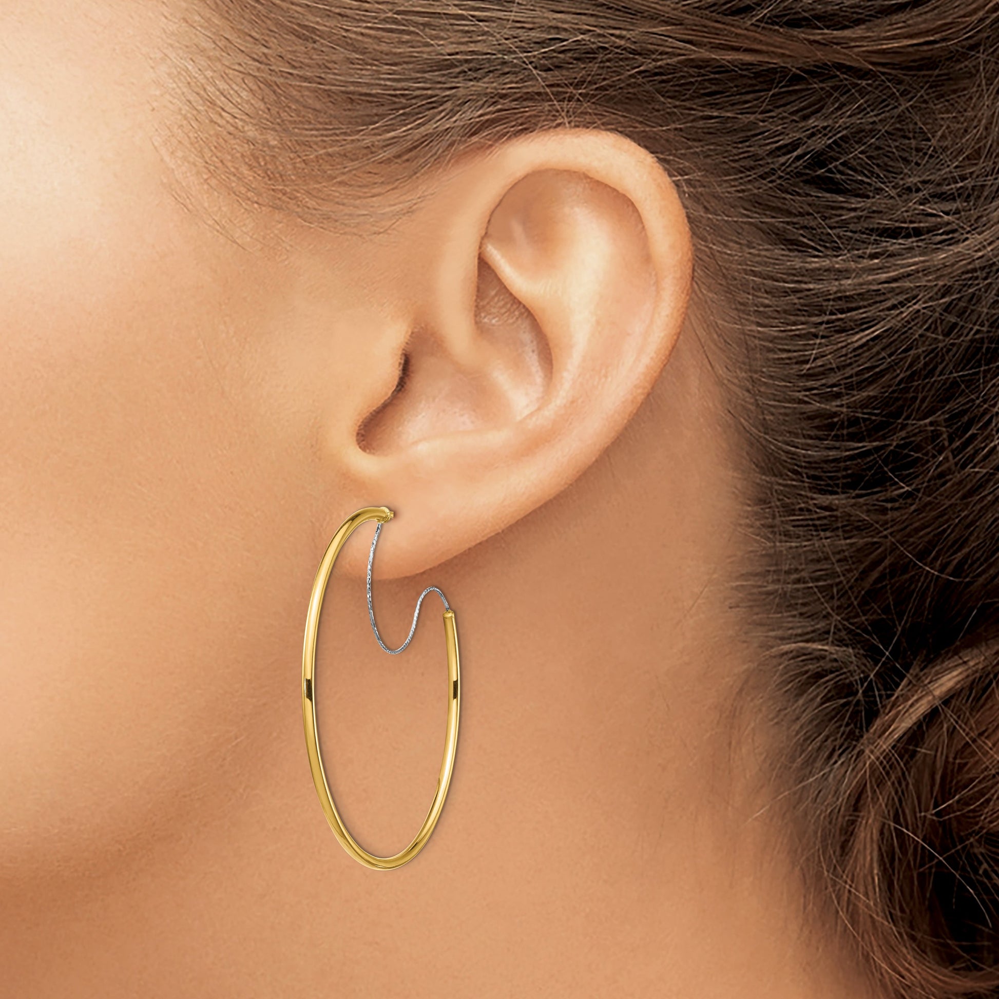 14K Two-Tone Large 2x45mm D/C Wire Polished Hoop Earrings