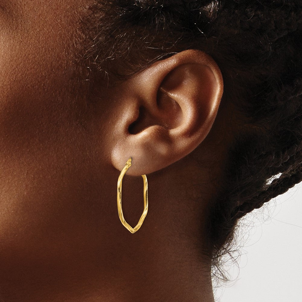 14K 1x1mm Textured Twist Hexagon Hoop Earrings