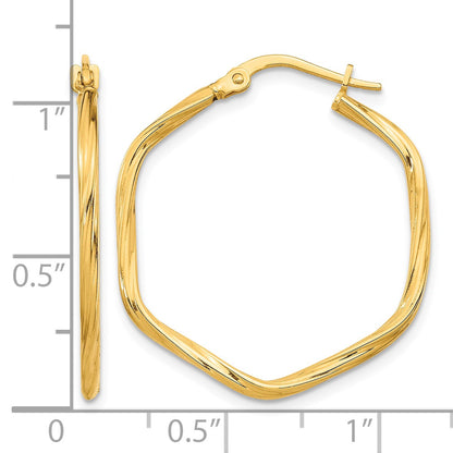 14K 2x27mm Textured Twist Hexagon Hoop Earrings