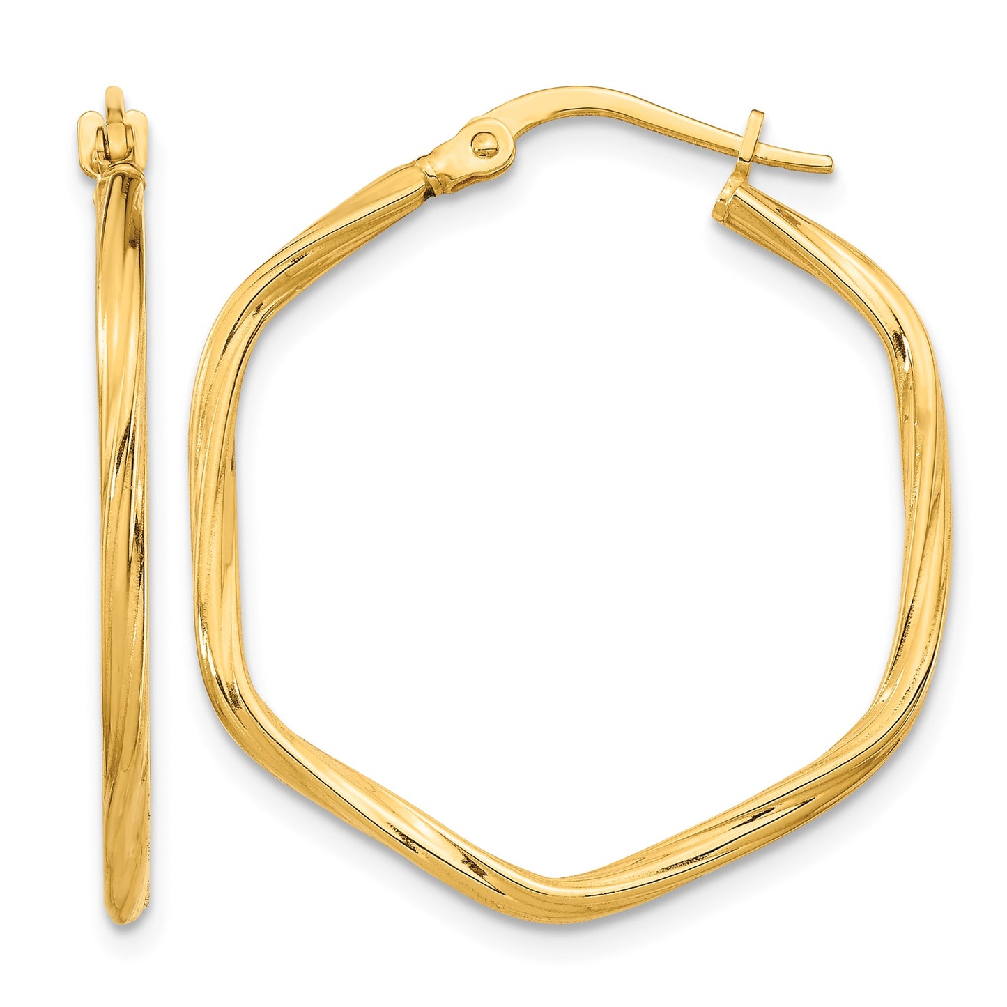 14K 2x27mm Textured Twist Hexagon Hoop Earrings