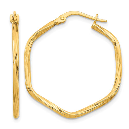 14K 2x27mm Textured Twist Hexagon Hoop Earrings