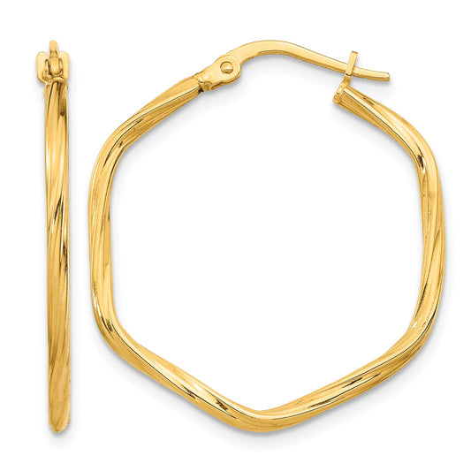 14K 2x27mm Textured Twist Hexagon Hoop Earrings