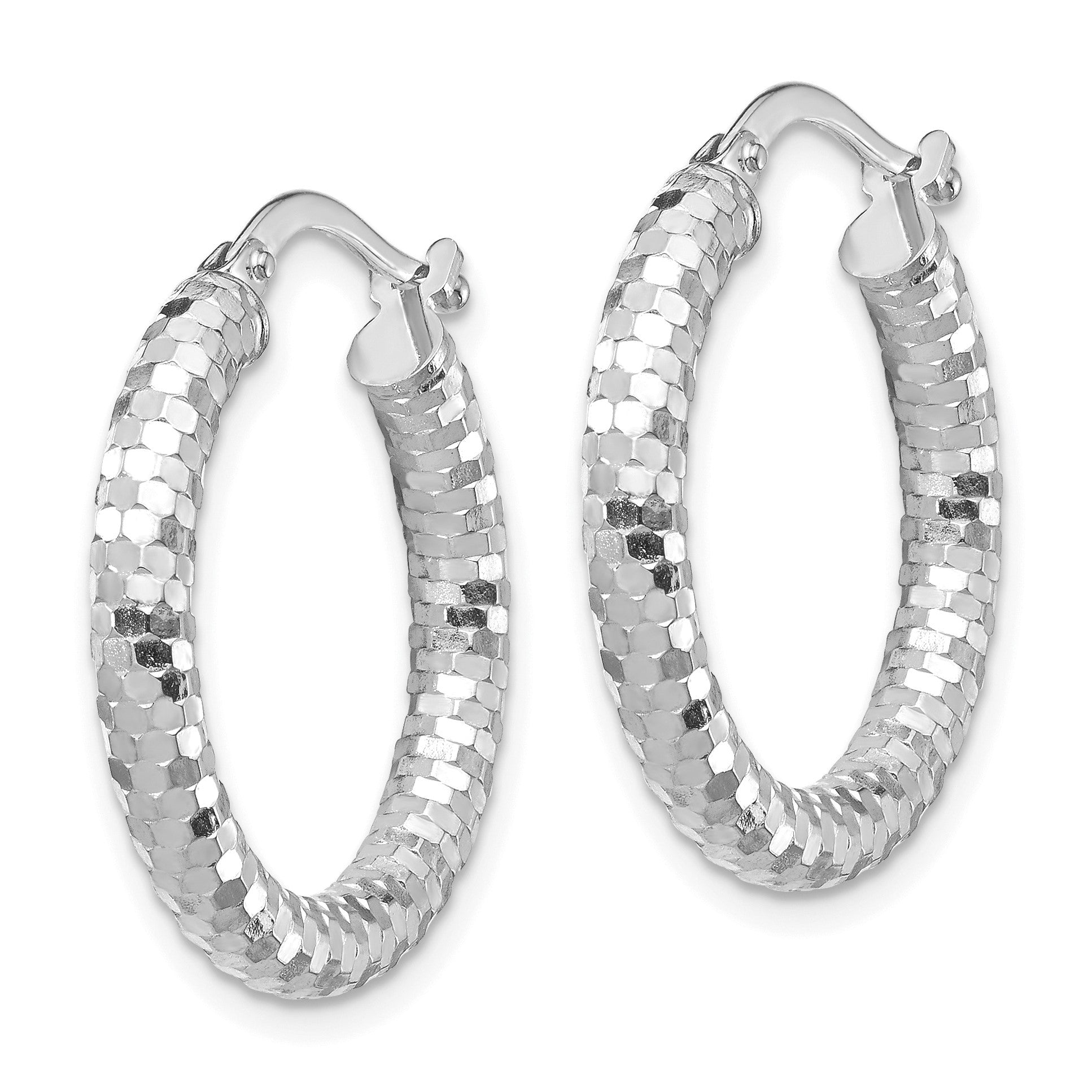 14k White Gold 3x22mm Diamond-cut Tube Hoop Earrings