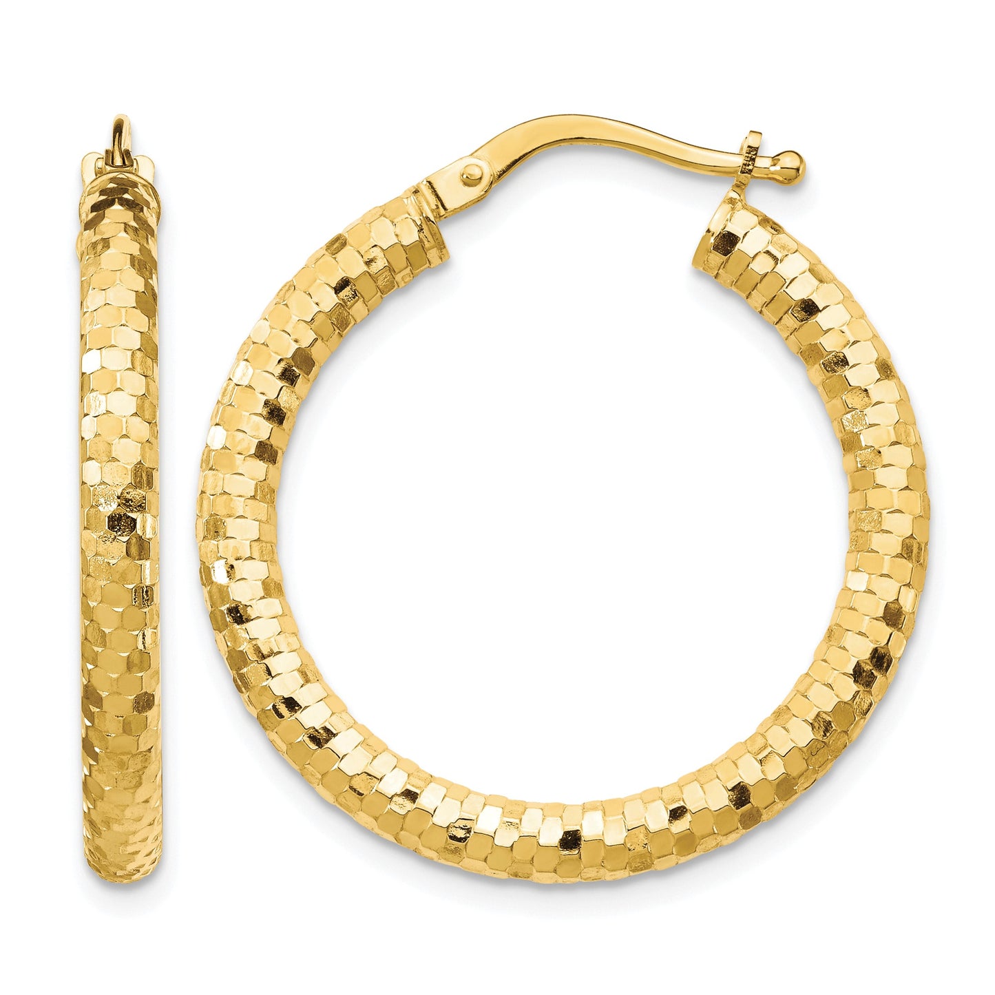 14K 3x27mm Diamond-cut Tube Hoop Earrings