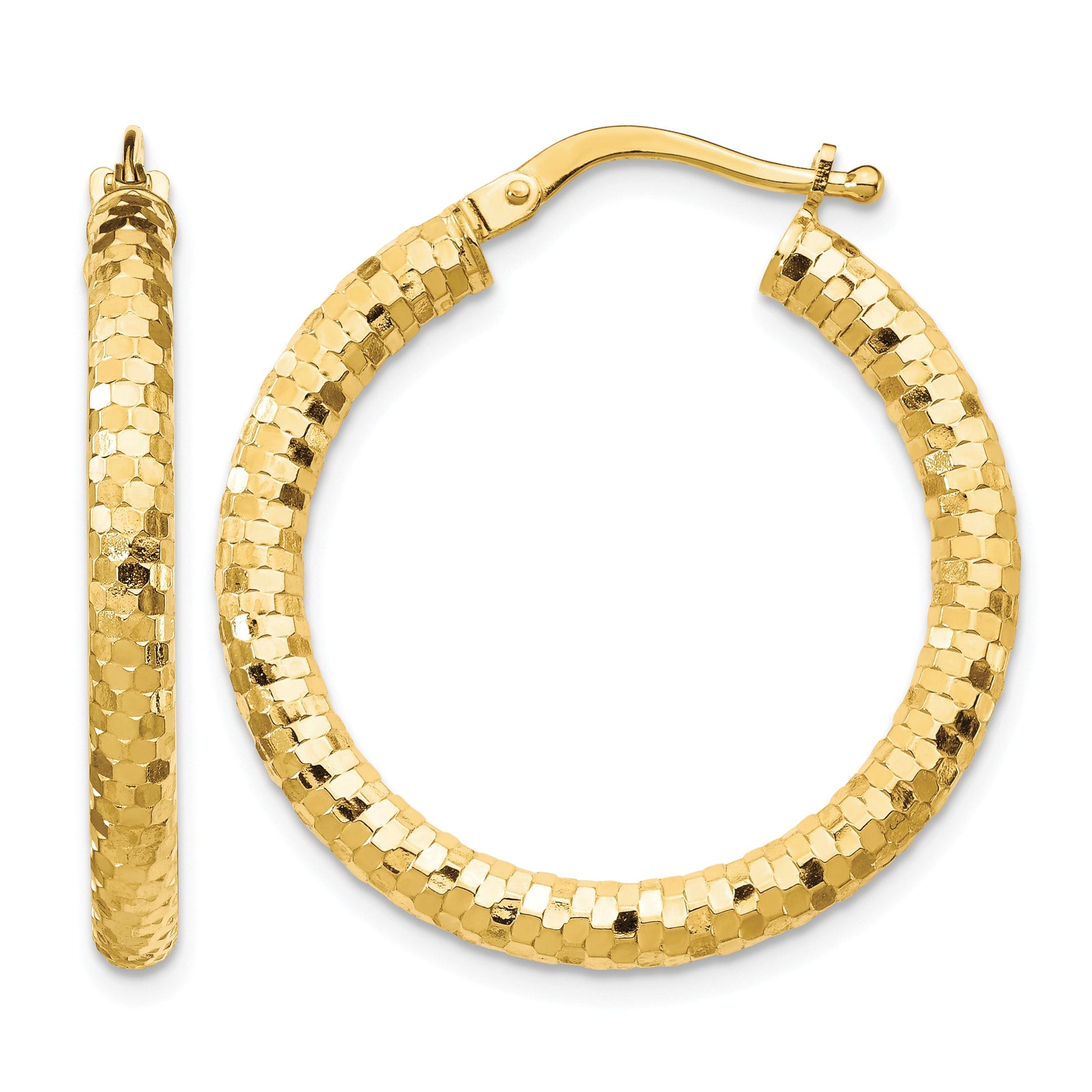 14K 3x27mm Diamond-cut Tube Hoop Earrings