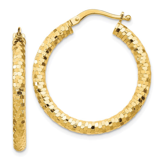 14K 3x27mm Diamond-cut Hoop Earrings