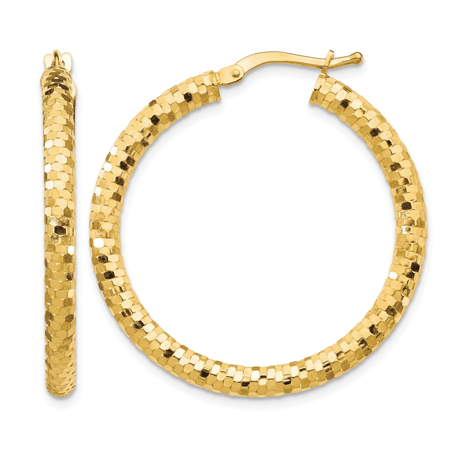 14K 3x32mm Diamond-cut Tube Hoop Earrings