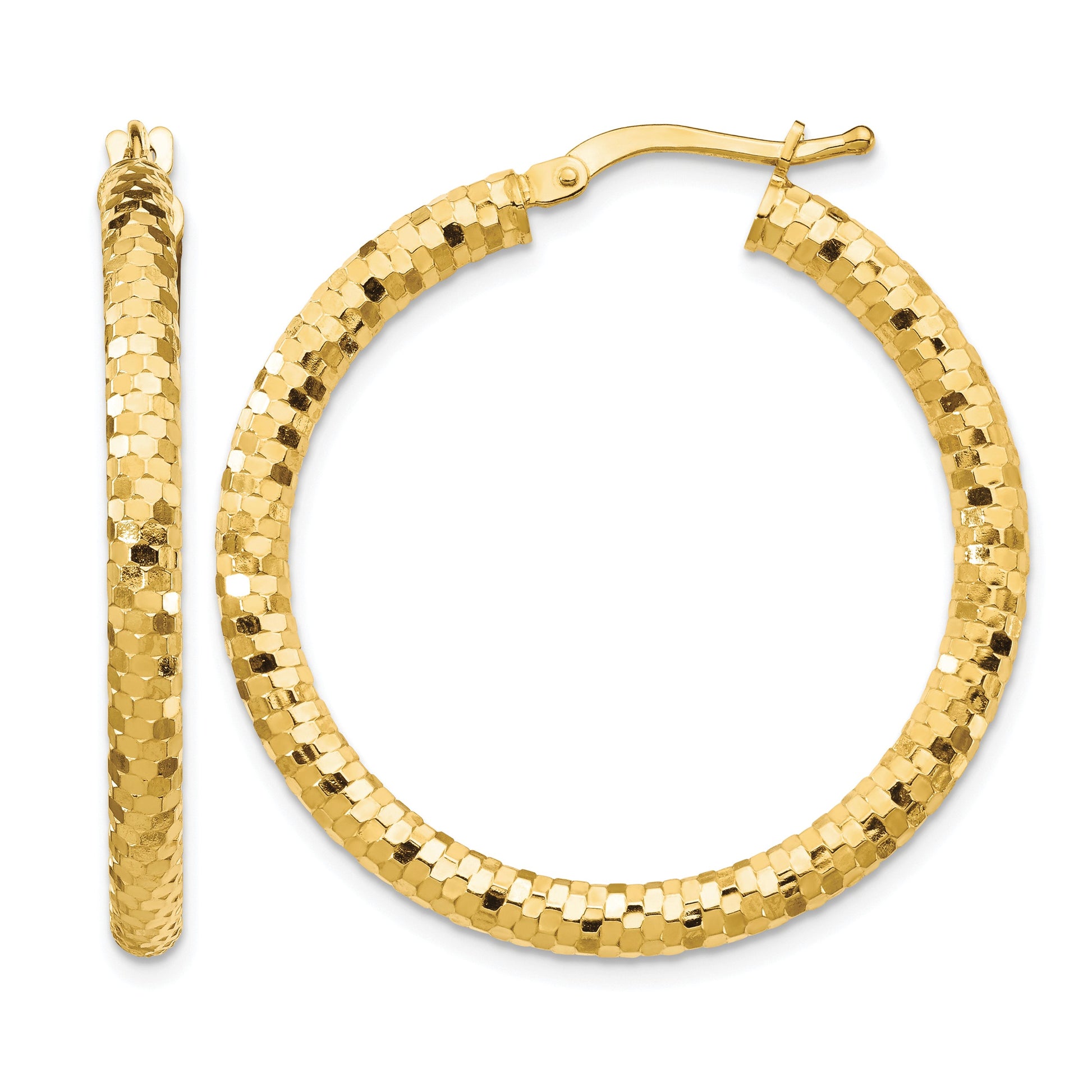14K 3x32mm Diamond-cut Tube Hoop Earrings