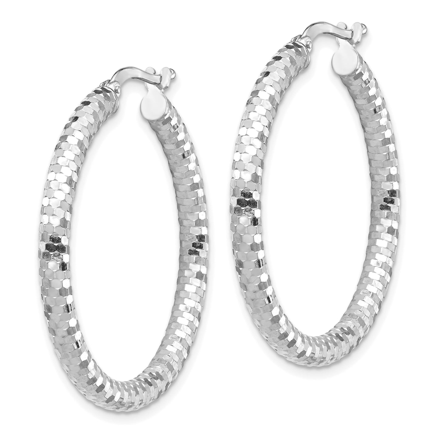 14k White Gold 3x32mm Diamond-cut Tube Hoop Earrings