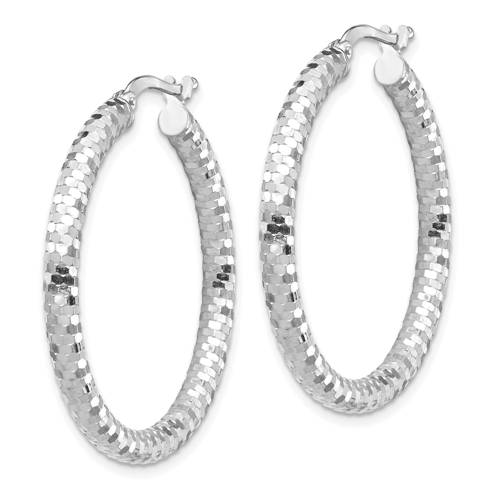 14k White Gold 3x32mm Diamond-cut Tube Hoop Earrings