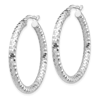 14k White Gold 3x32mm Diamond-cut Tube Hoop Earrings