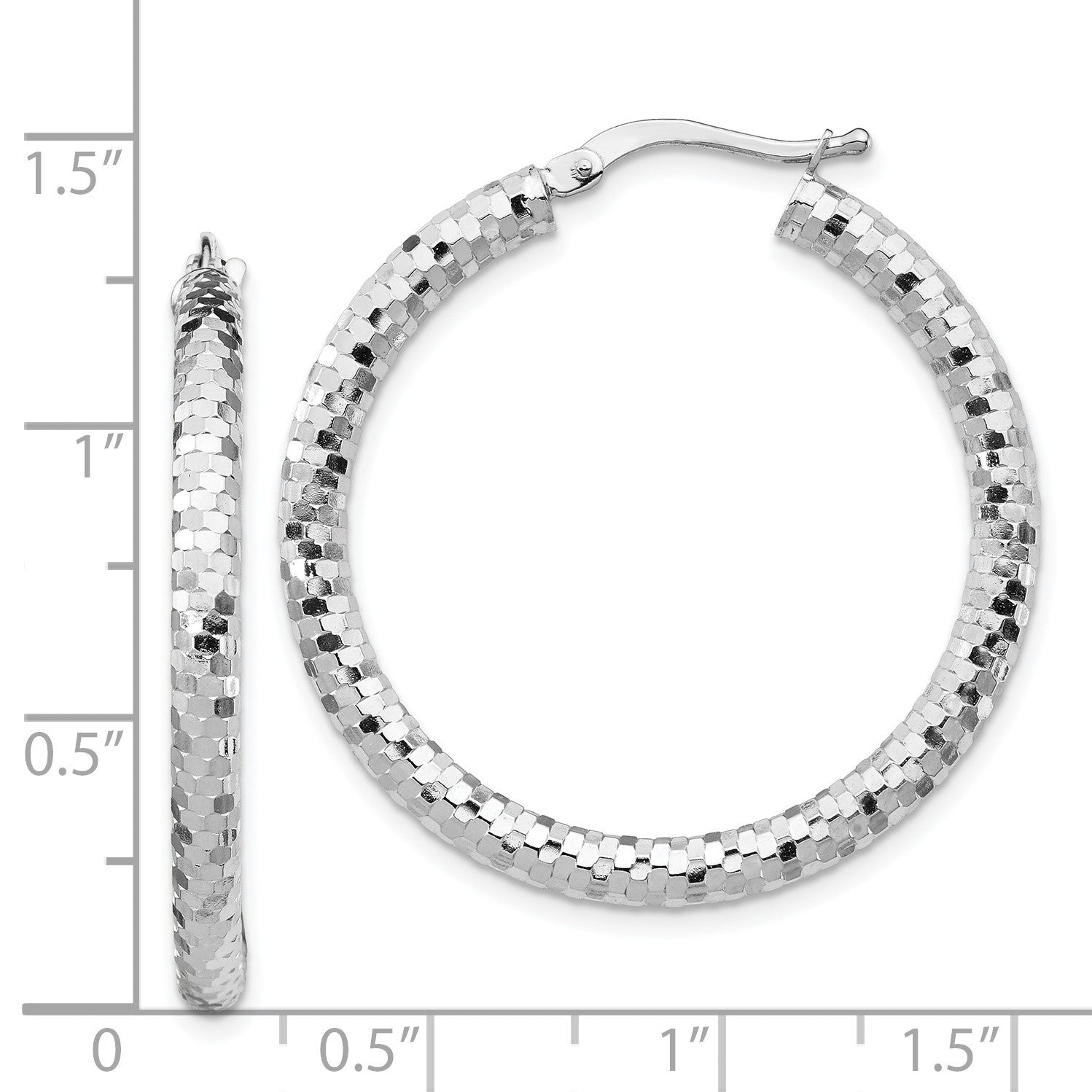 14k White Gold 3x32mm Diamond-cut Tube Hoop Earrings