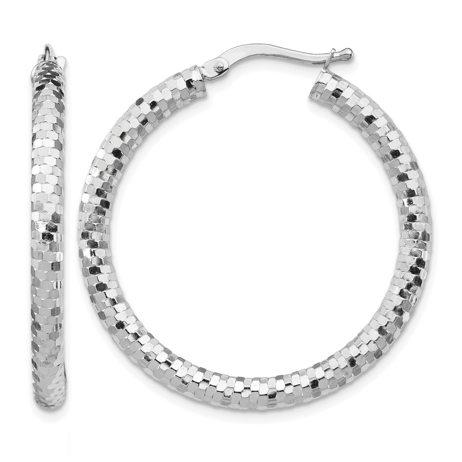 14k White Gold 3x32mm Diamond-cut Tube Hoop Earrings