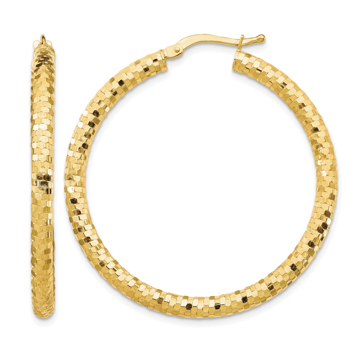 14K 3x38mm Diamond-cut Tube Hoop Earrings