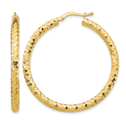 14K 3x38mm Diamond-cut Tube Hoop Earrings