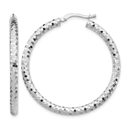 14k White Gold 3x38mm Diamond-cut Tube Hoop Earrings