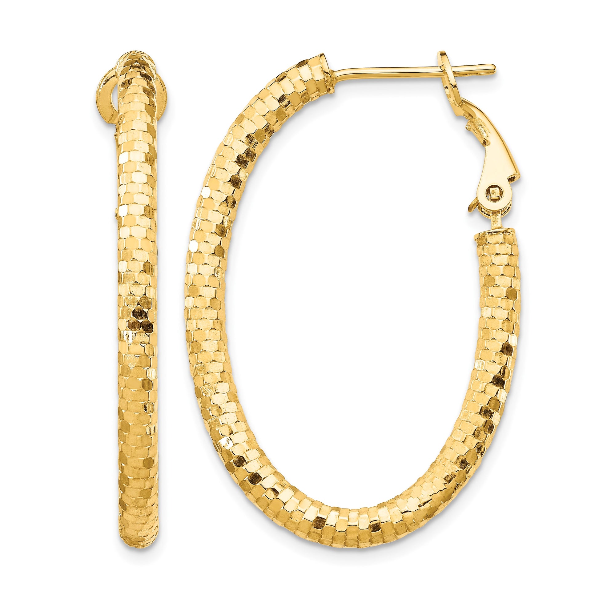 14K 3x37mm Diamond-cut Oval Omega Back Tube Hoop Earrings