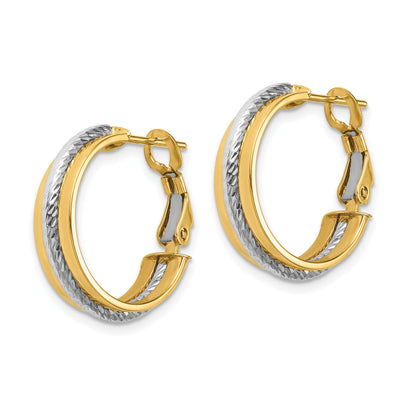 14K Two-tone 6x20mm Polished Diamond-Cut Omega Back Tube Hoop Earrings