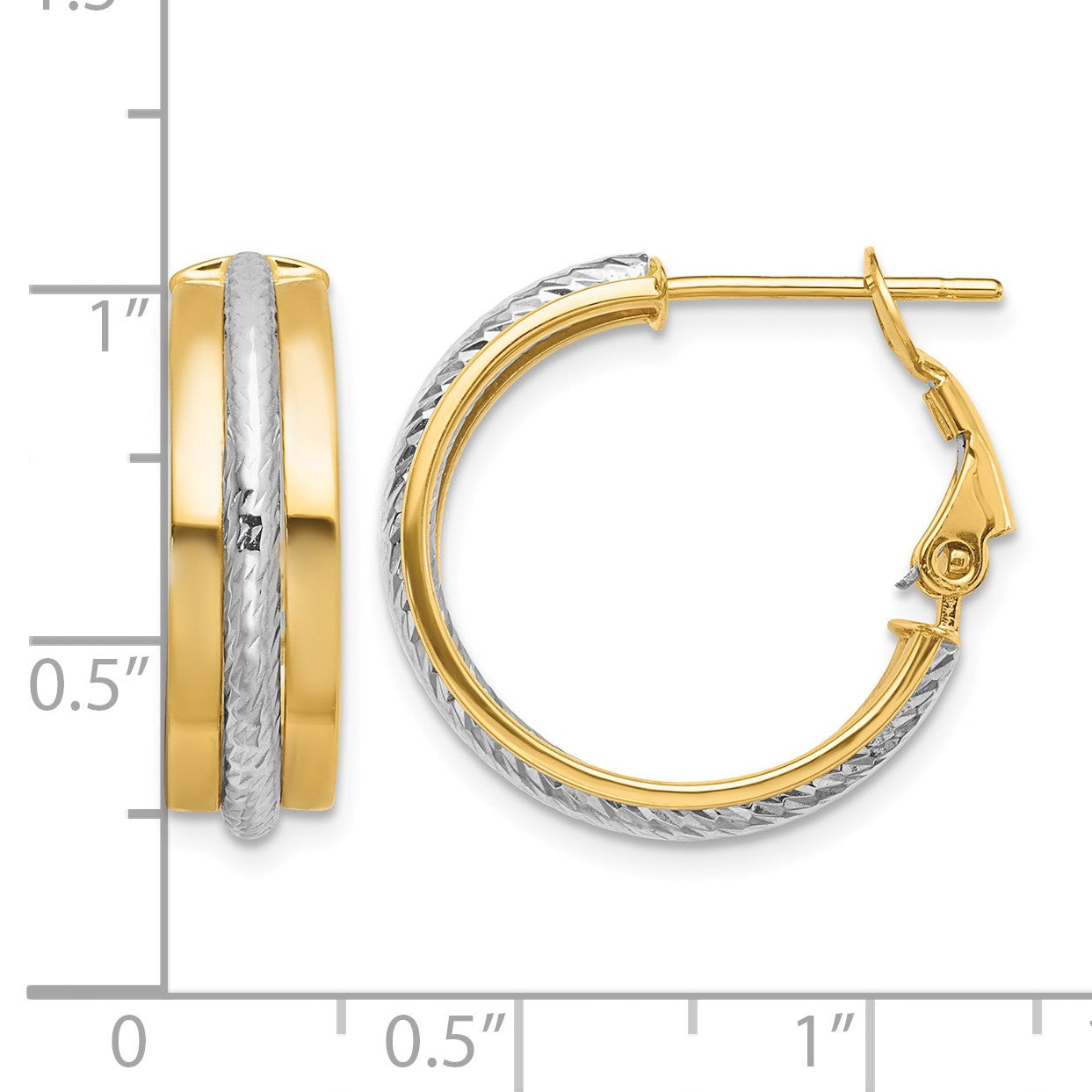 14K Two-tone 6x20mm Polished Diamond-Cut Omega Back Tube Hoop Earrings