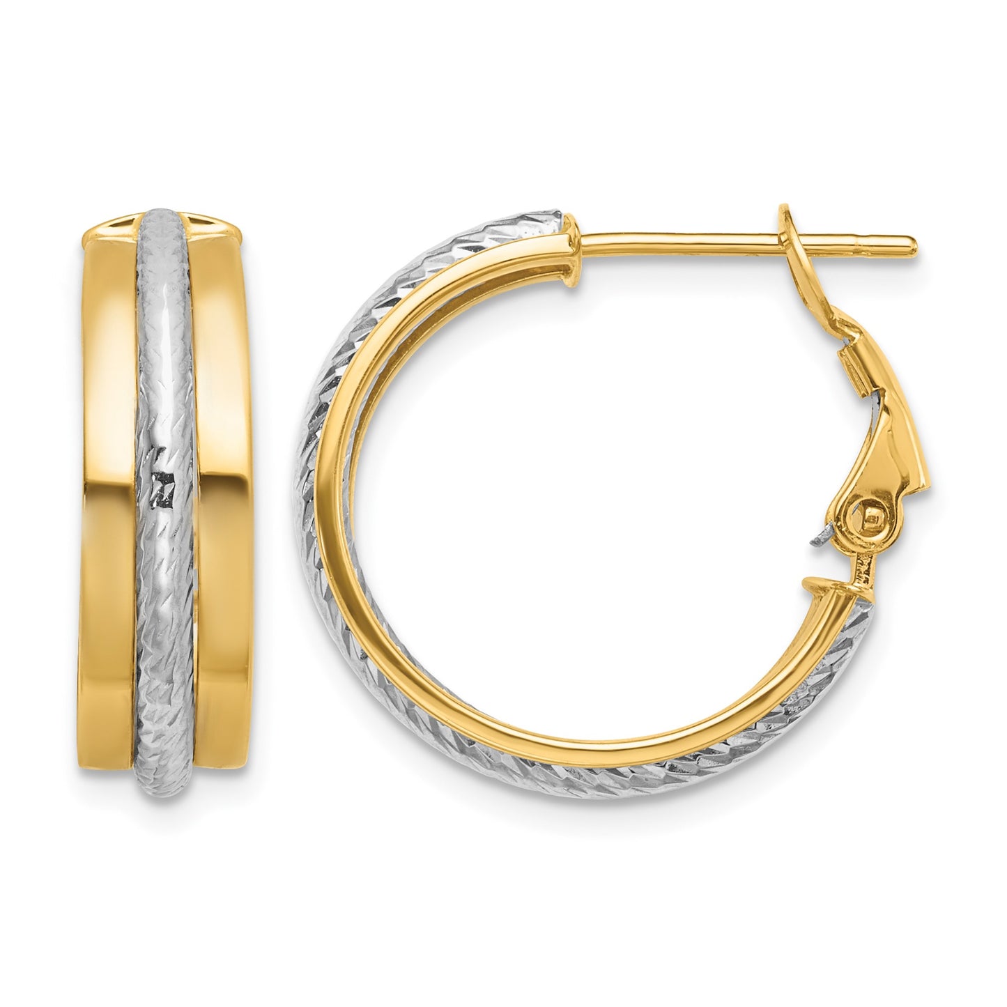 14K Two-tone 6x20mm Polished Diamond-Cut Omega Back Tube Hoop Earrings