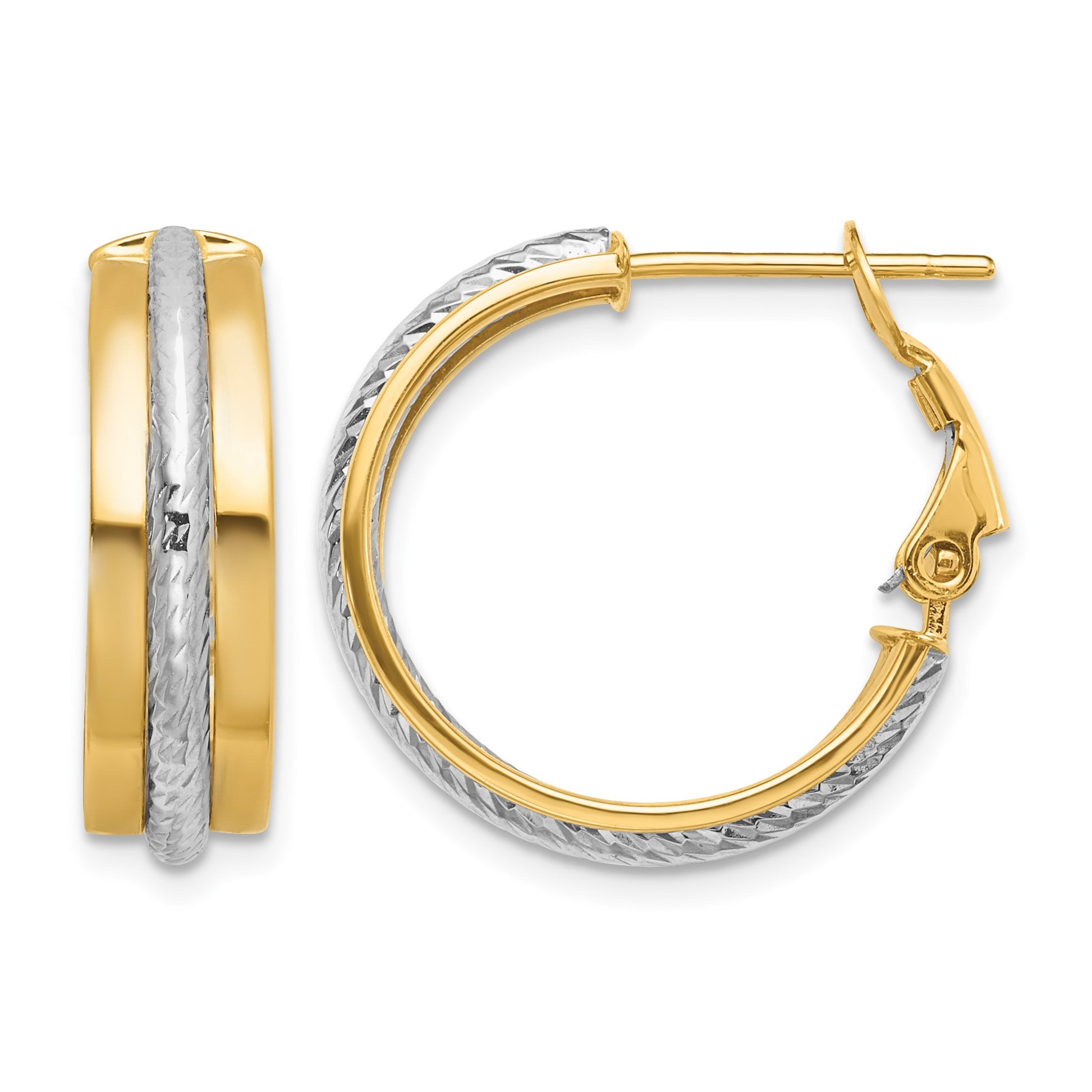 14K Two-tone 6x20mm Polished Diamond-Cut Omega Back Tube Hoop Earrings