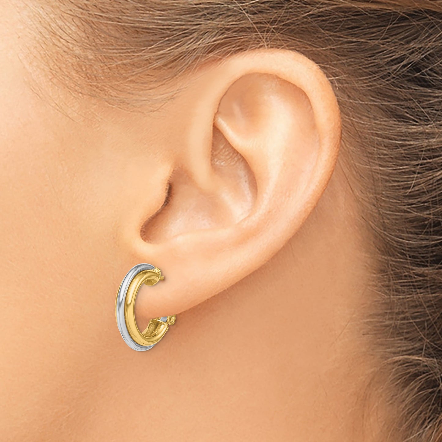 14K Two-tone 4x17mm Polished Omega Back Tube Hoop Earrings