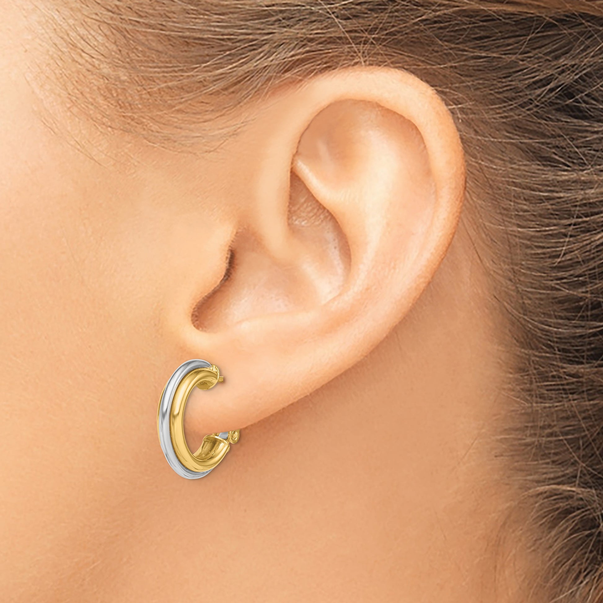 14K Two-tone 4x17mm Polished Omega Back Tube Hoop Earrings