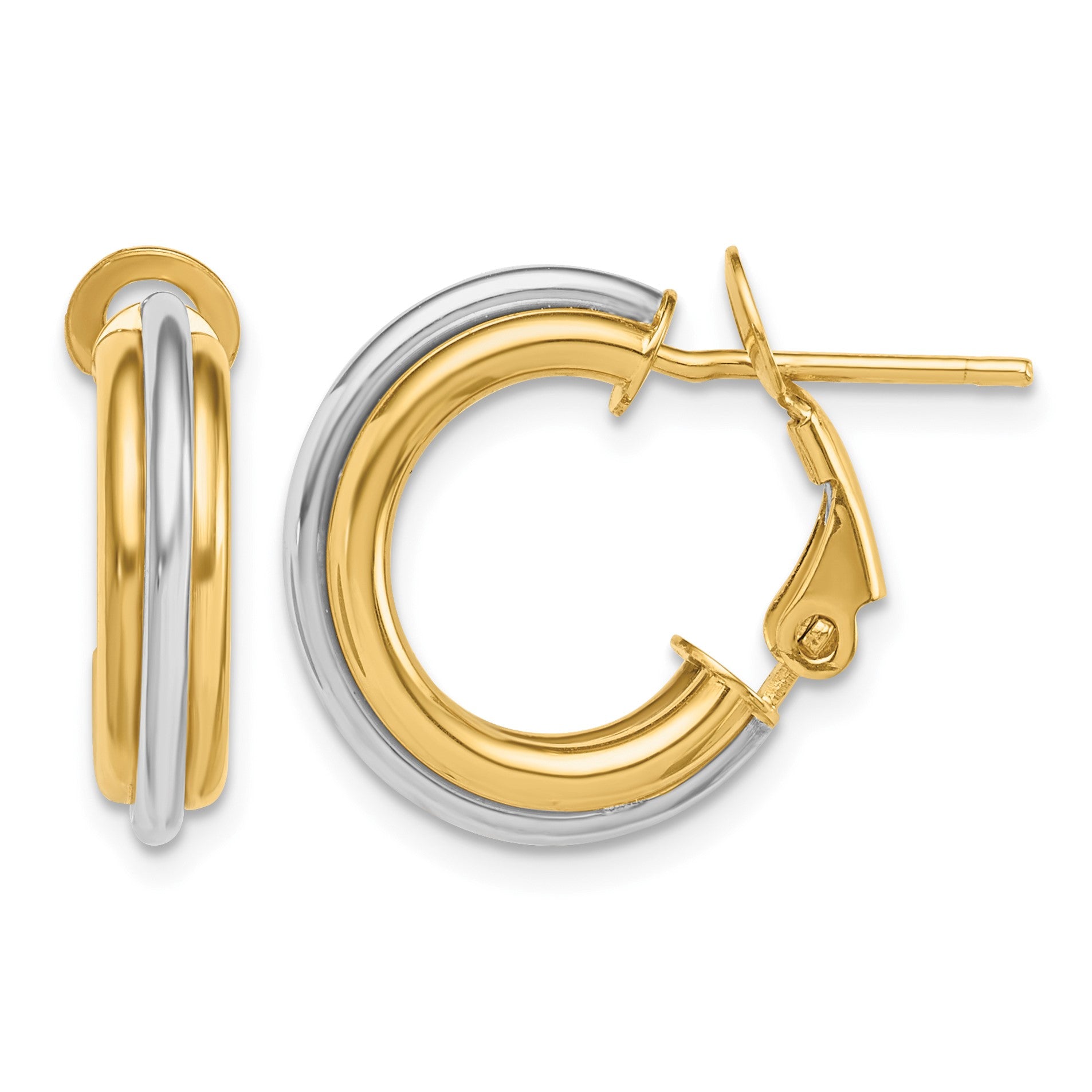14K Two-tone 4x17mm Polished Omega Back Tube Hoop Earrings