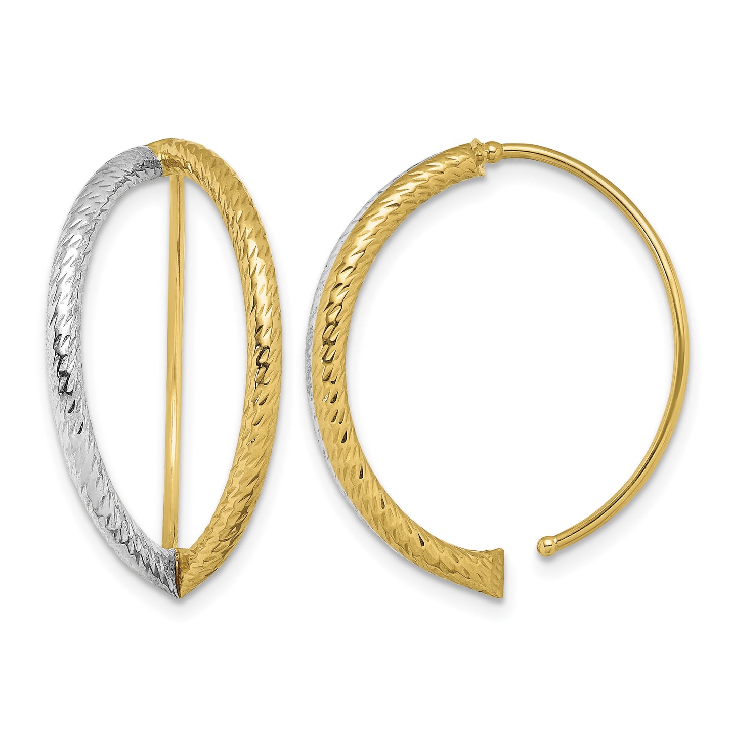 14K and White Rhodium Diamond-Cut Oval Dangle Threader Earrings
