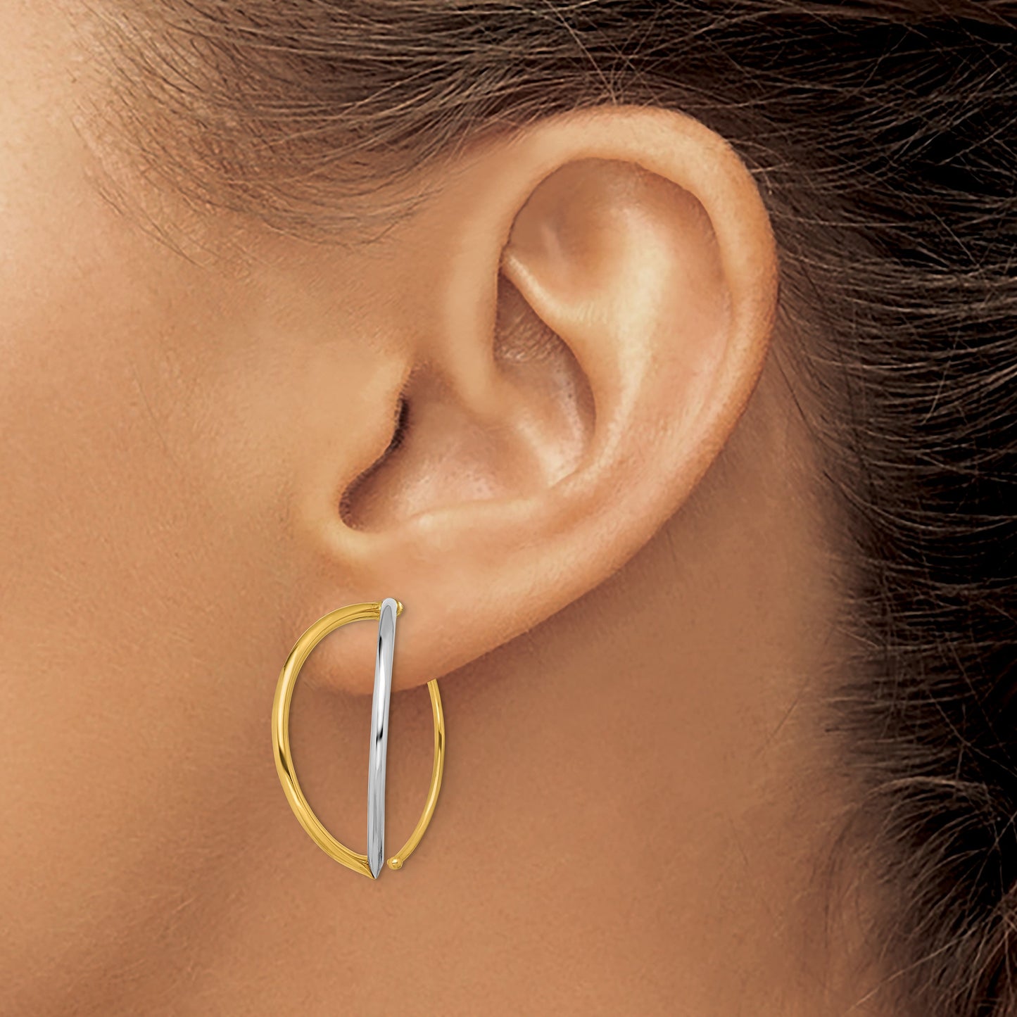 14K and White Rhodium Oval Dangle Threader Earrings