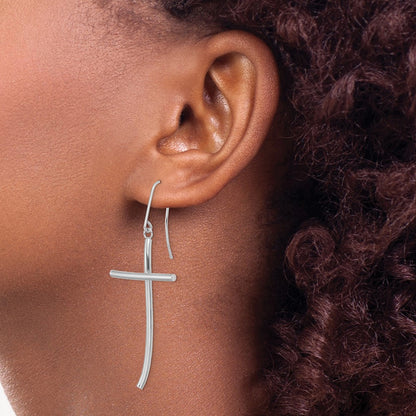 14K White Gold Polished Cross Dangle Earrings