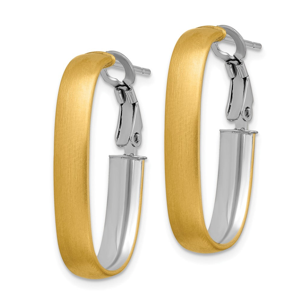 14K with White Rhodium Polished and Satin Oval Omega Back Hoop Earrings