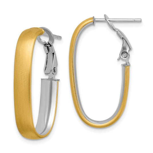 14K with White Rhodium Polished and Satin Oval Omega Back Hoop Earrings