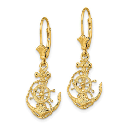 14K 2-D Anchor and Wheel Leverback Earrings