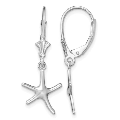 14K White Gold 3-D Mini Starfish Leverback Earrings