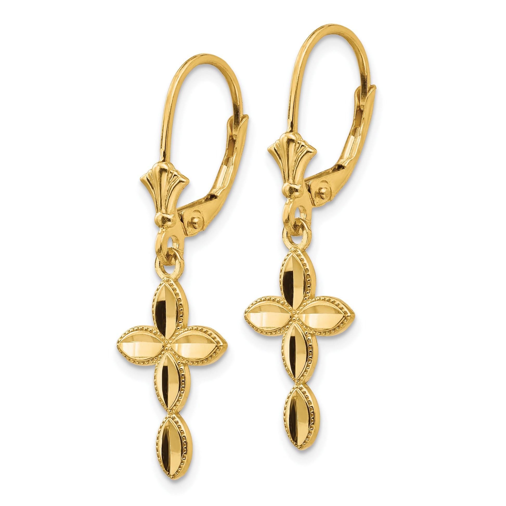 14k Diamond-cut Fancy Cross Dangle Leverback Earrings