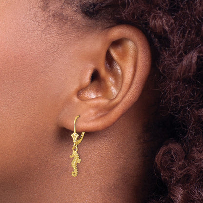 14k 3-D Seahorse Dangle Leverback Earrings