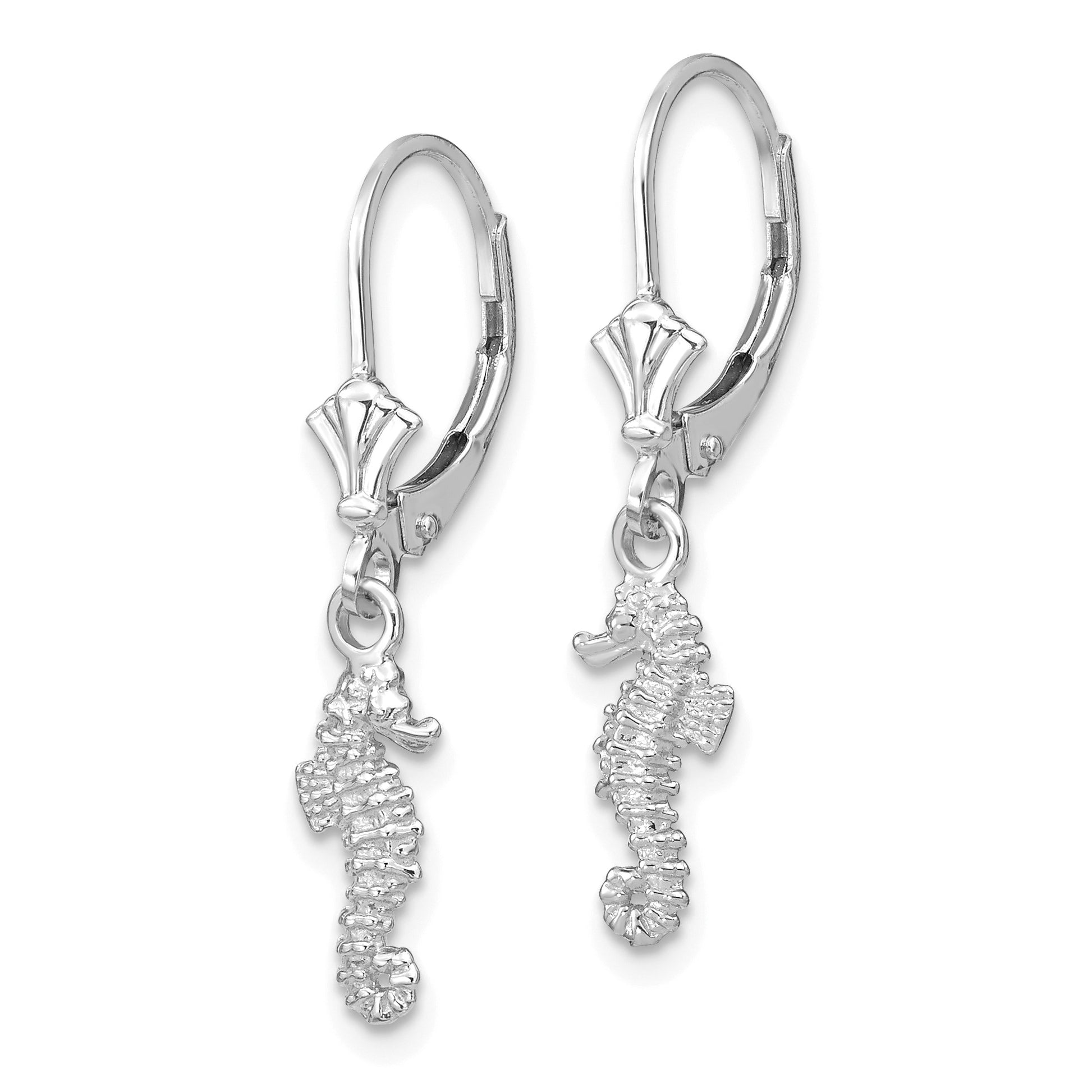 14K White Gold 3-D Seahorse Leverback Earrings