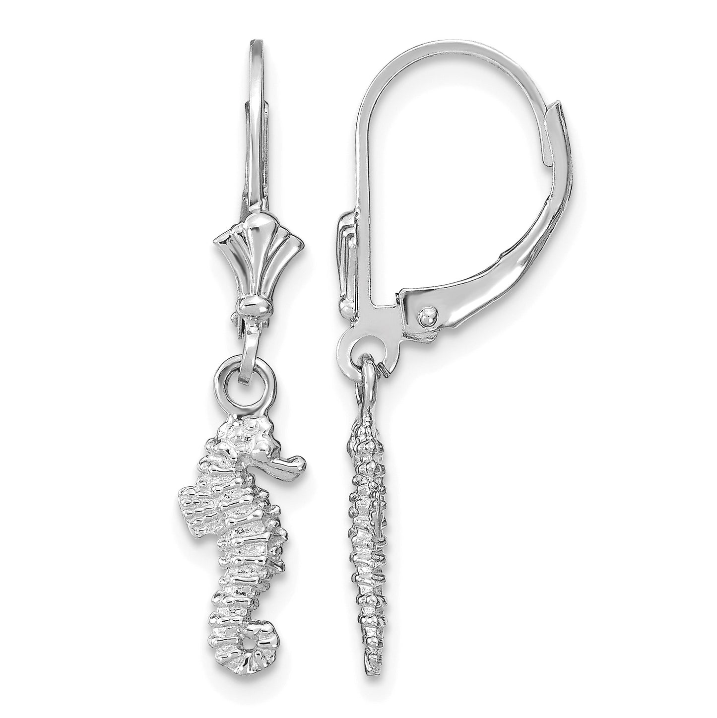 14K White Gold 3-D Seahorse Leverback Earrings