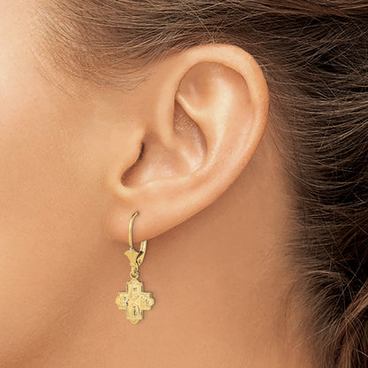 14K Small 4-Way Medal Cross Dangle Leverback Earrings