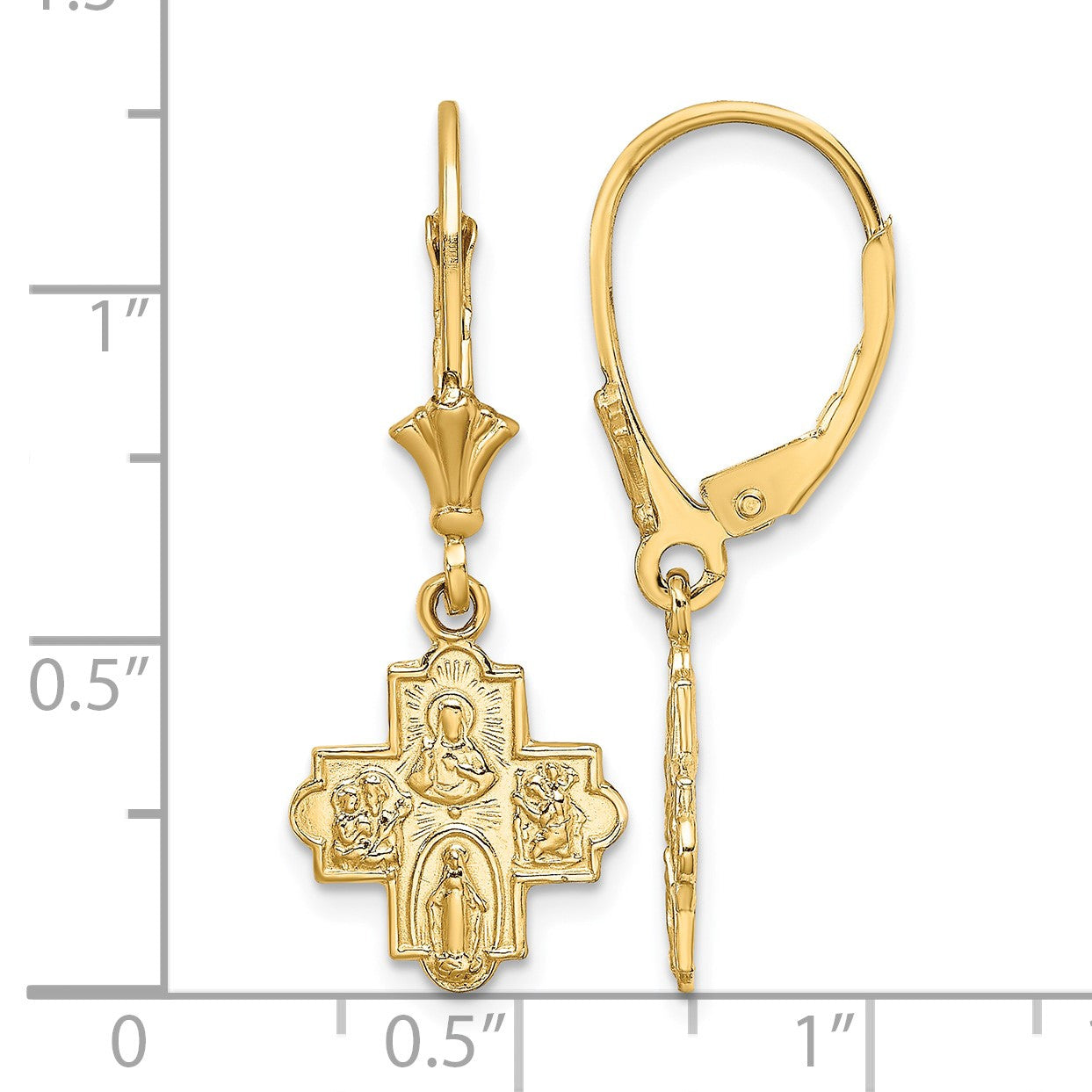 14K Small 4-Way Medal Cross Dangle Leverback Earrings
