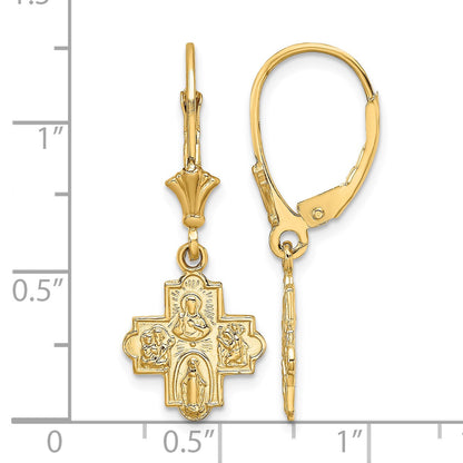 14K Small 4-Way Medal Cross Dangle Leverback Earrings
