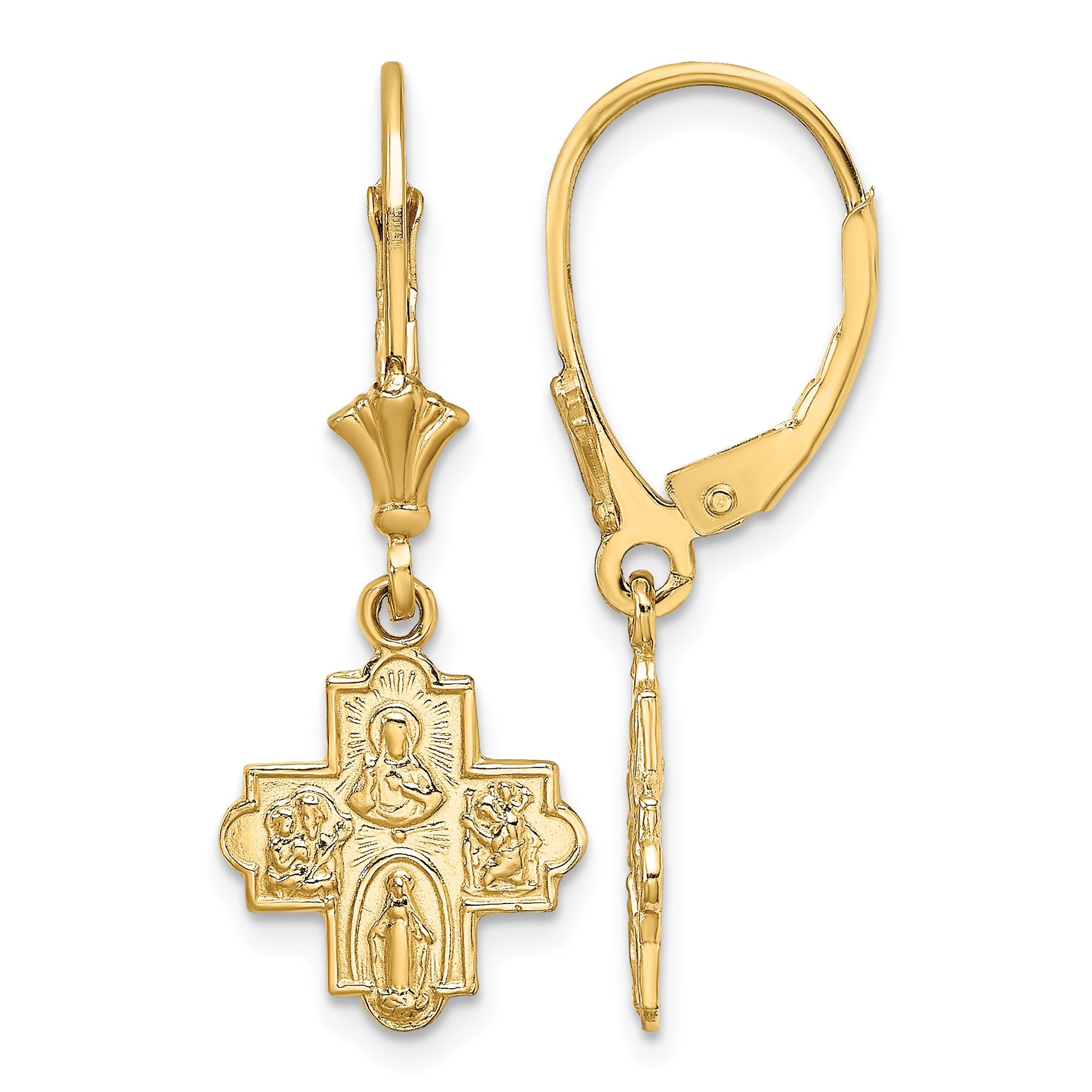 14K Small 4-Way Medal Cross Dangle Leverback Earrings