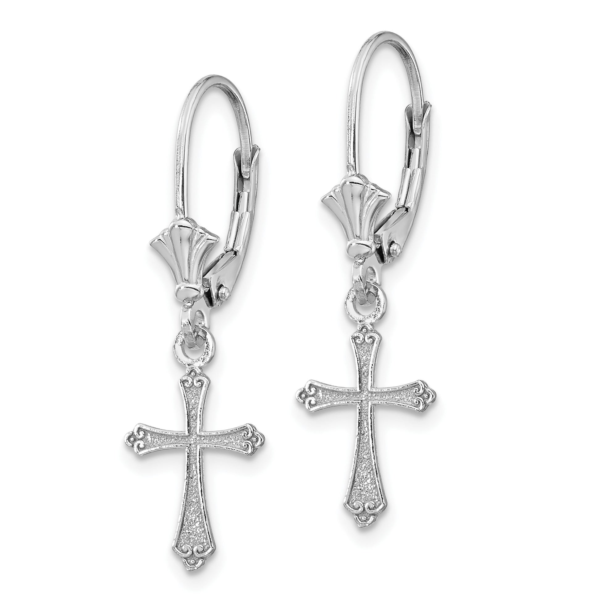 14k White Gold Cross Dangle Leverback Earrings