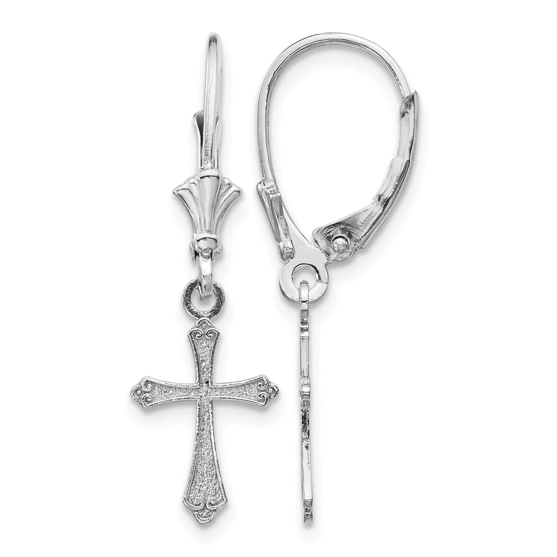 14k White Gold Cross Dangle Leverback Earrings