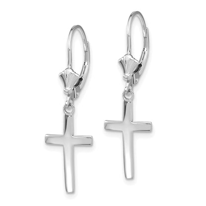 14k White Gold Polished Cross Dangle Leverback Earrings