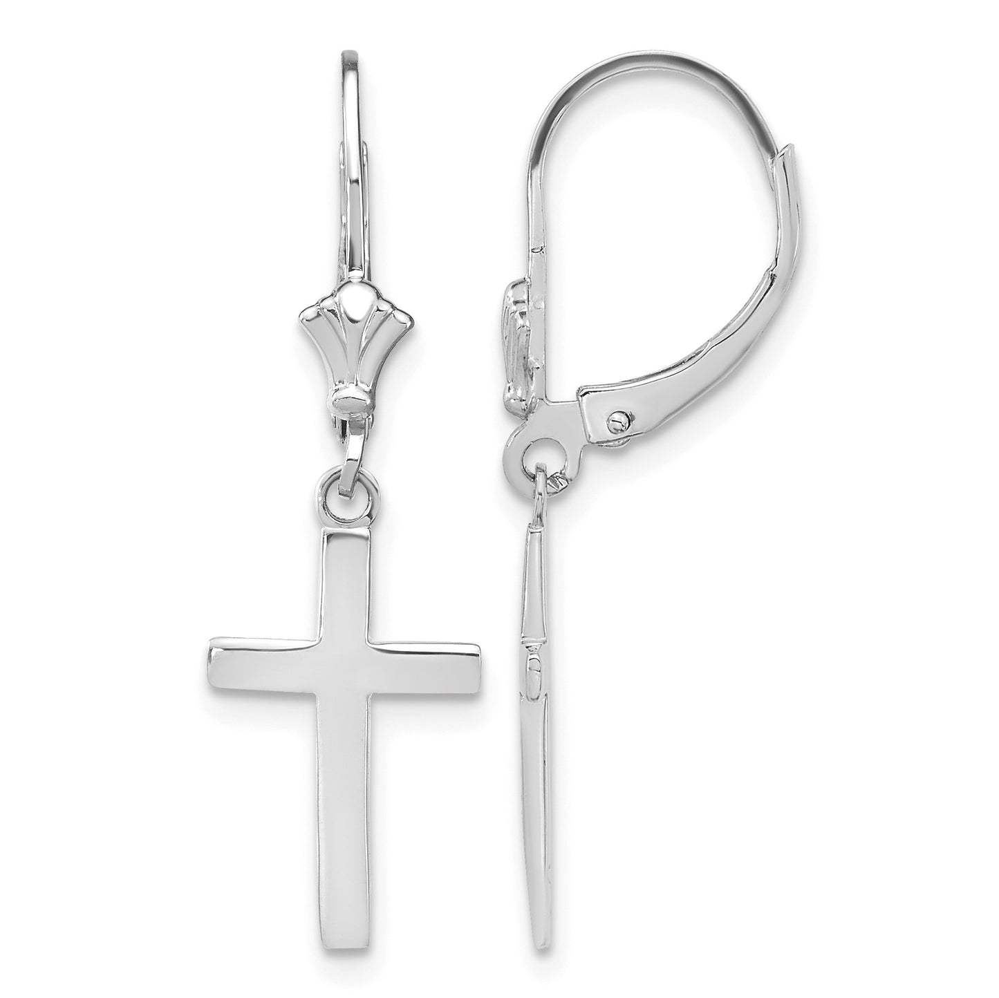 14k White Gold Polished Cross Dangle Leverback Earrings