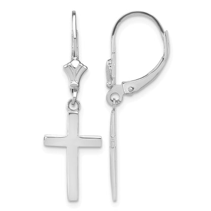14k White Gold Polished Cross Dangle Leverback Earrings