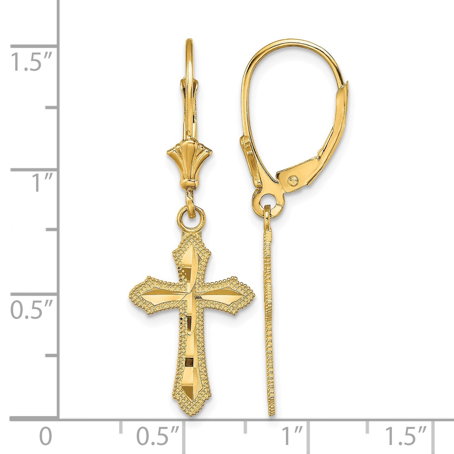 14K Diamond-cut Beaded Edge Cross Dangle Leverback Earrings
