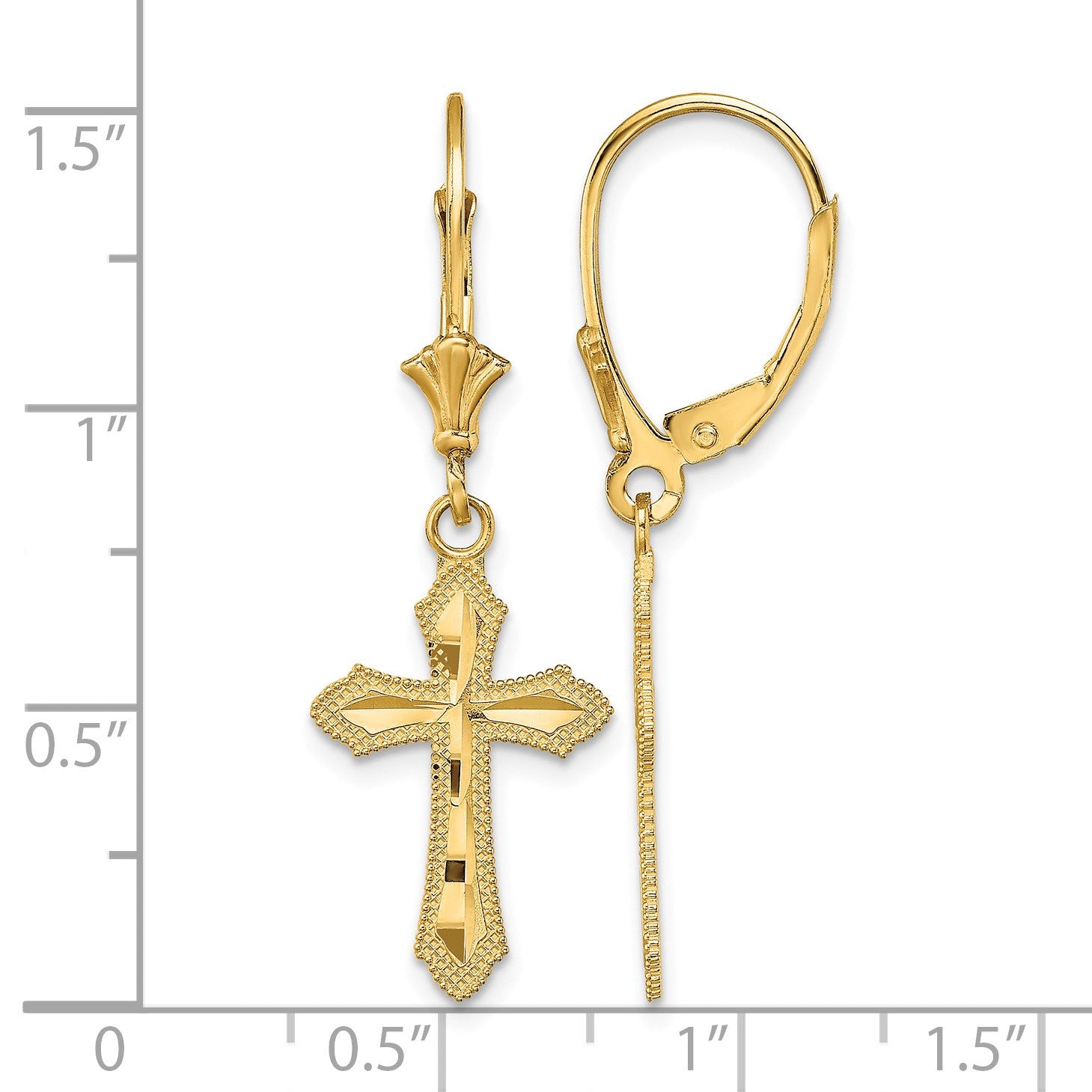14K Diamond-cut Beaded Edge Cross Dangle Leverback Earrings